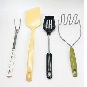 Vintage Kitchen Utensil Set Atomic Starburst Meat Fork Masher Spatula Turner